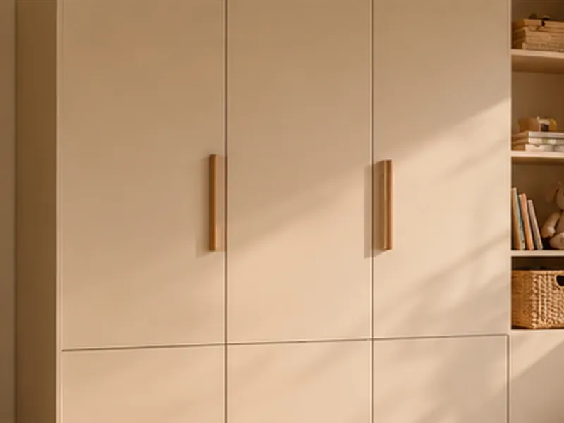 Witte kledingkast met houten grepen naast een open kast met boeken, manden en knuffels