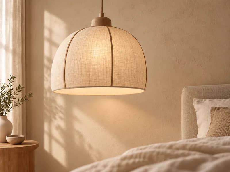 Ronde hanglamp met linnen kap boven een bed