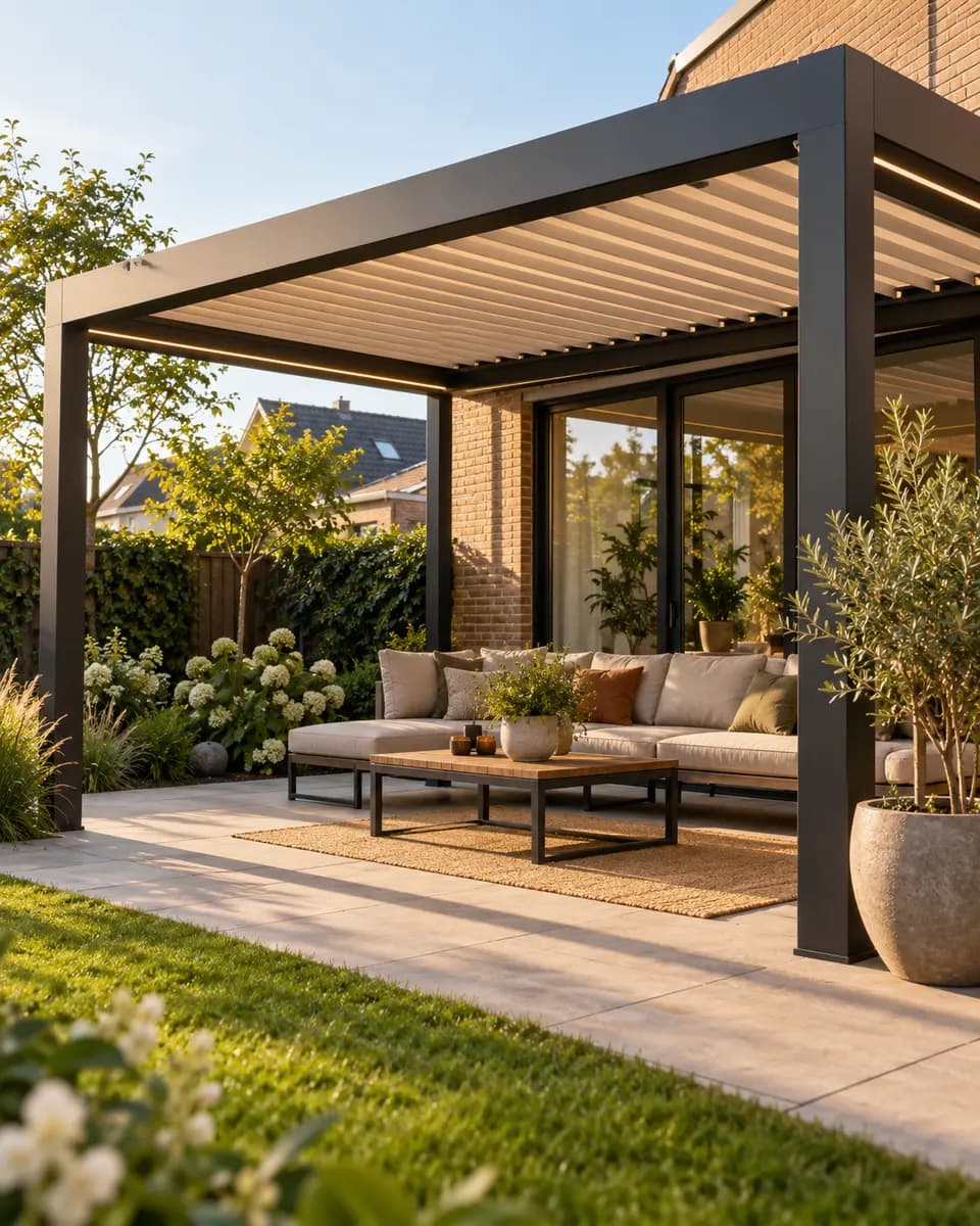 Aluminium pergola met lamellendak boven een loungeset