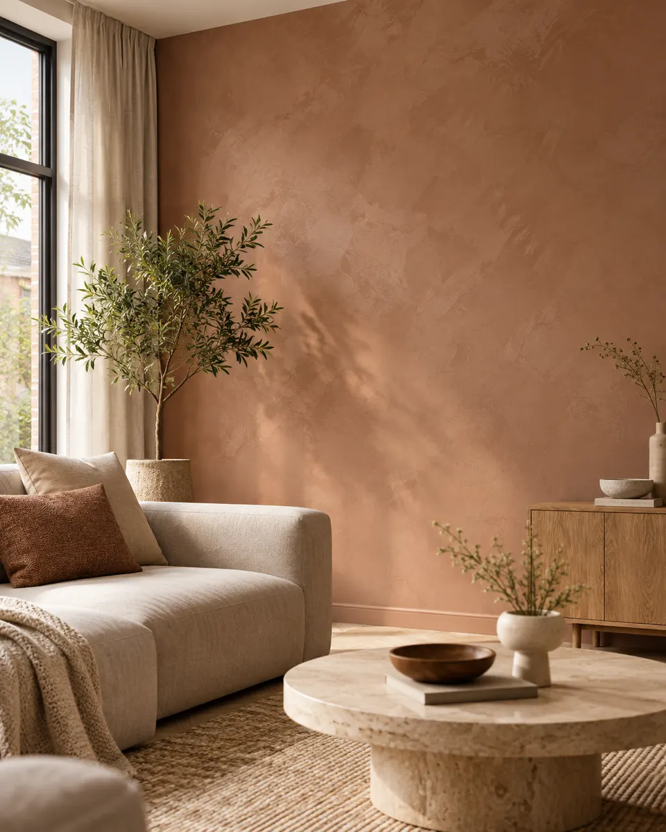 Woonkamer met een terracotta muur, een lichte bank en een ronde salontafel