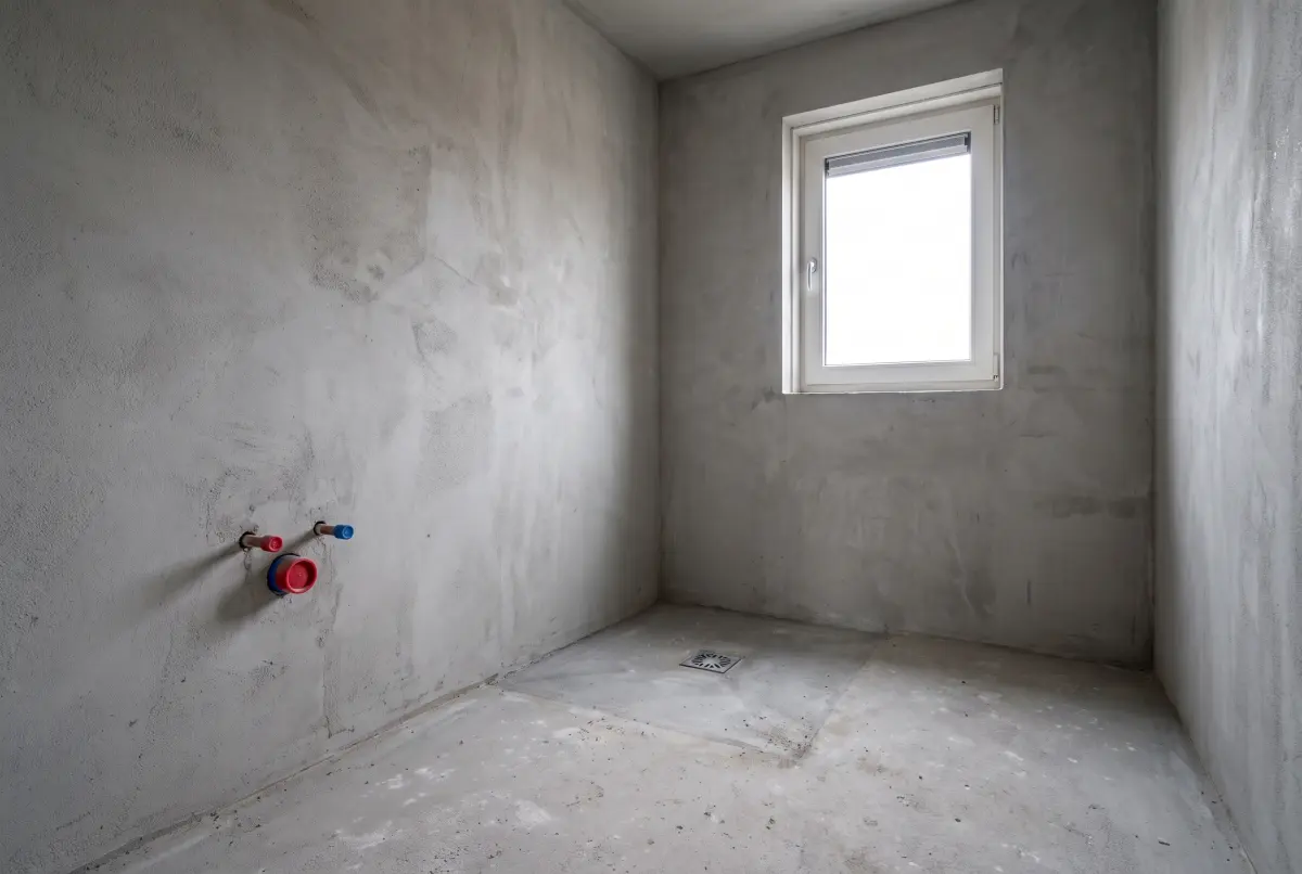 Een lege badkamer zonder meubels, klaar om opnieuw in te richten