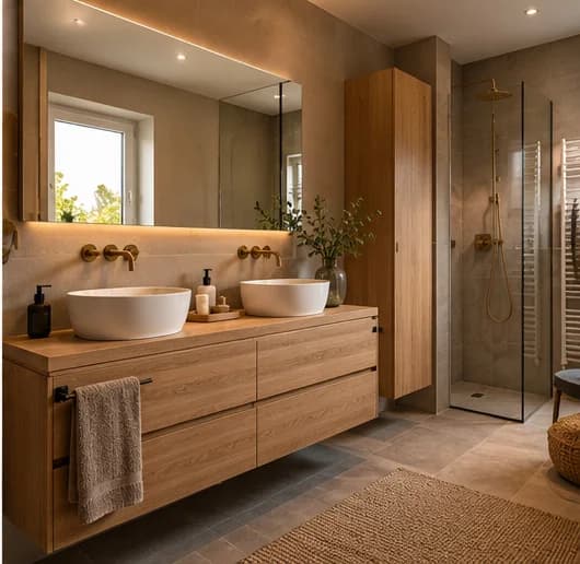 Badkamer met zwevend eiken badmeubel met twee waskommen, beige tegels en een glazen douchewand