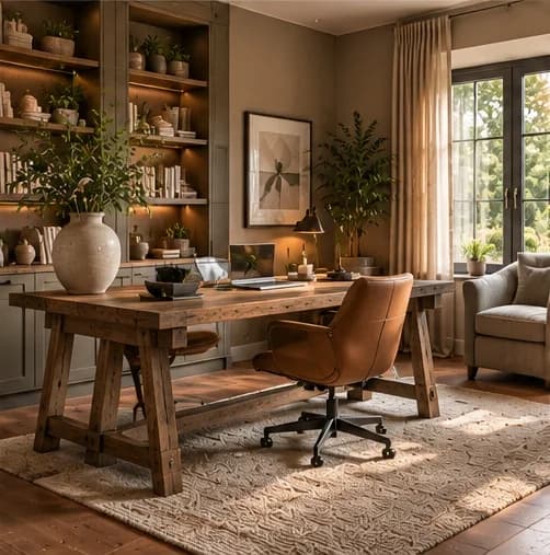Landelijke werkkamer met houten vloer, robuust houten bureau, cognac bureaustoel en ingebouwde boekenkast