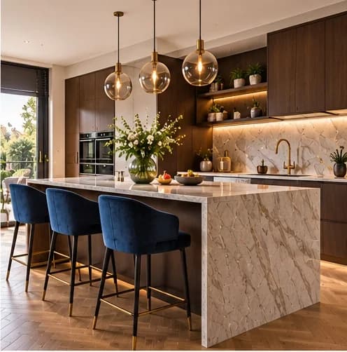 Hotel-chic keuken met marmeren kookeiland, donkerblauwe fluwelen barkrukken, glazen hanglampen en donkere houten kasten