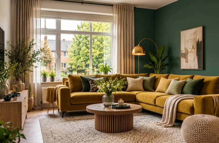 Woonkamer met de muur in bosgroen