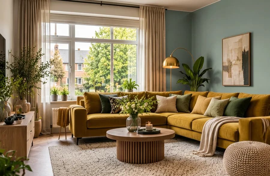 Woonkamer met de muur in eucalyptus