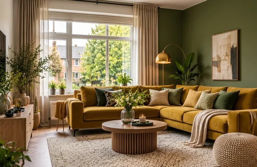 Woonkamer met de muur in olijfgroen