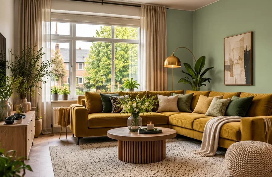 Woonkamer met de muur in saliegroen