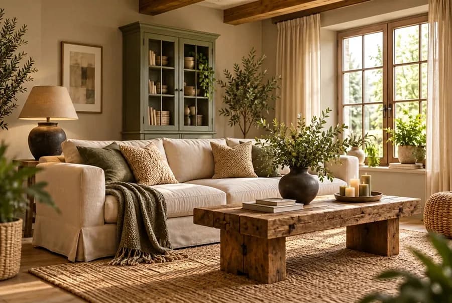 Landelijke woonkamer met de muur in leem