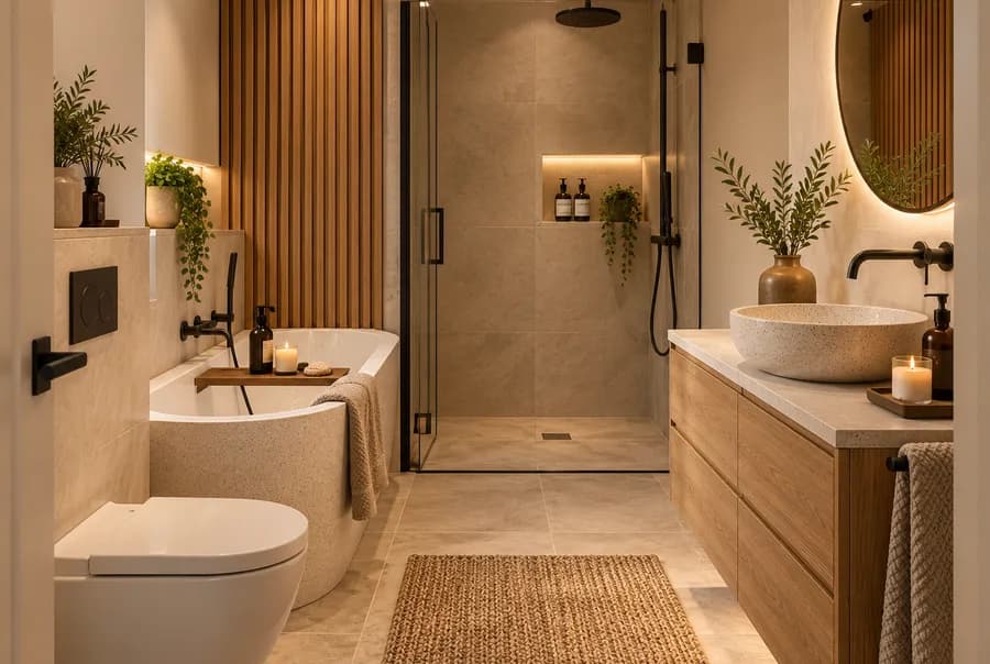 Japandi badkamer met zandkleurige tegels, warme houtlook en ronde spiegel