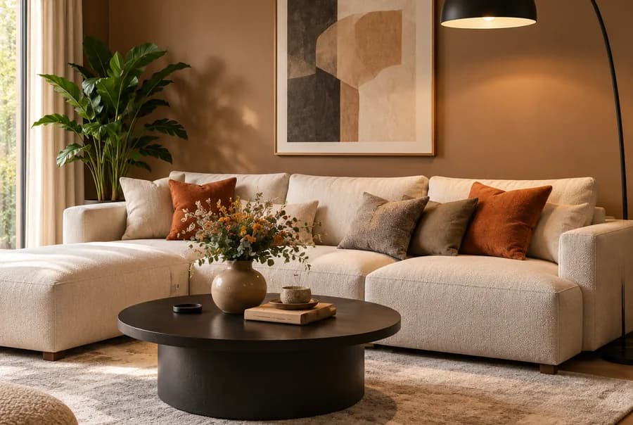 Een warm, modern ingerichte woonkamer