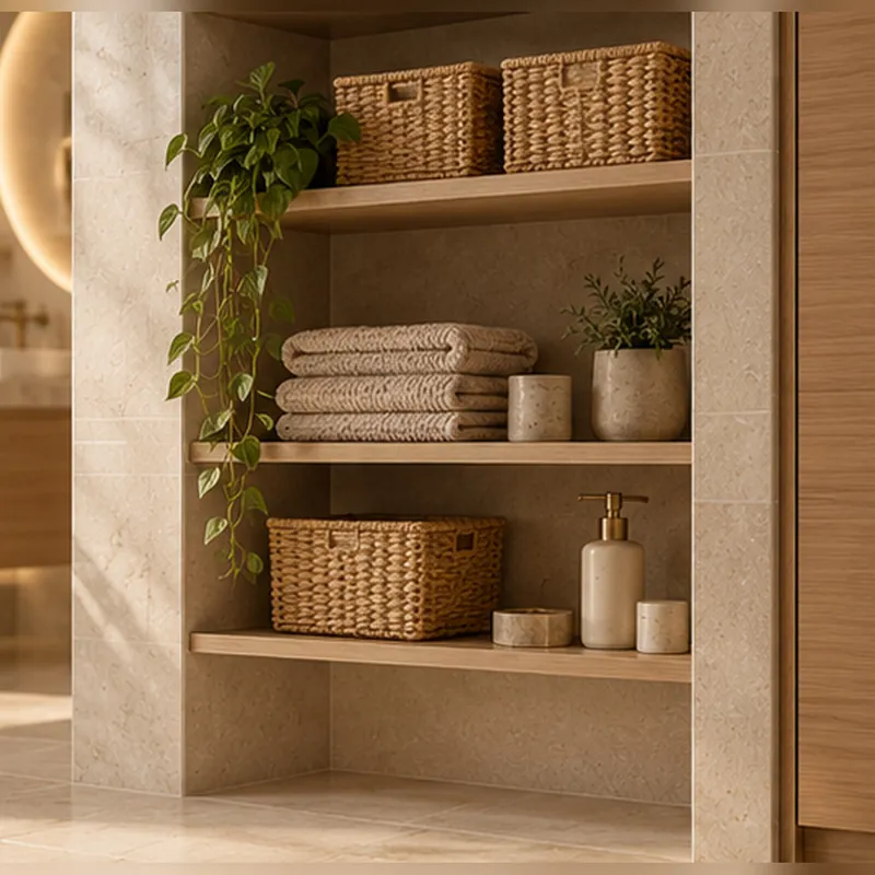 Open badkamerkast met houten planken, rieten manden en opgevouwen handdoeken