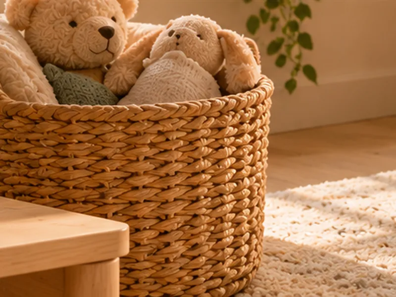Gevlochten mand vol knuffels op een zacht vloerkleed