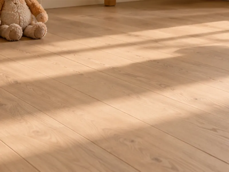 Lichte eikenhouten vloer in de zon met een knuffelbeer