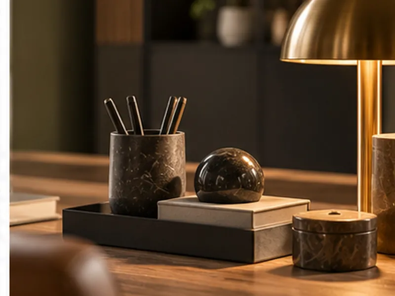 Marmeren pennenbak, bol en doosje op een bureau naast een messing lamp