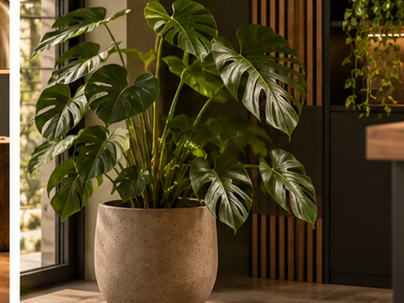 Grote monstera in een stenen pot bij het raam