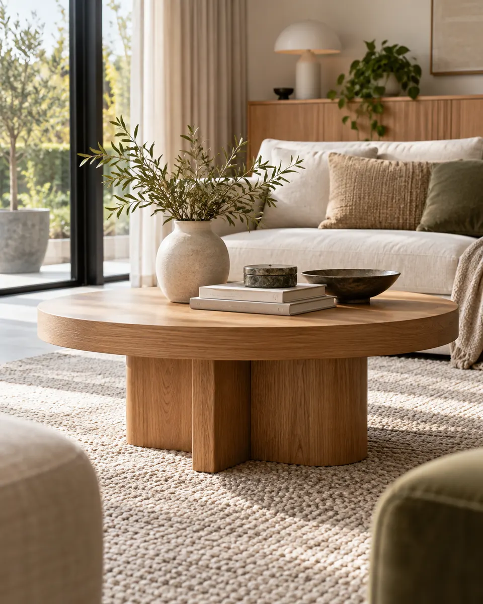 Ronde houten salontafel met vazen en boeken voor een bank