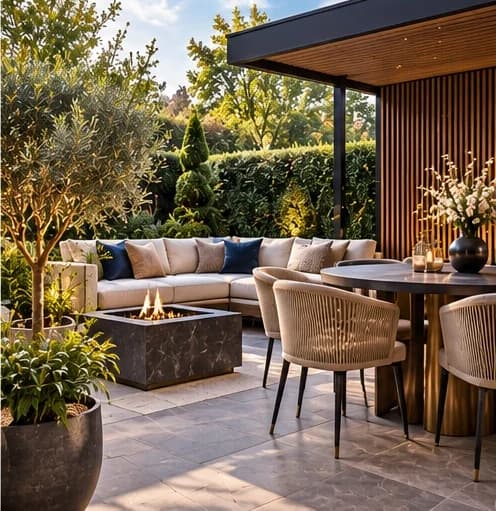 Moderne tuin met tegelterras, loungebank, vuurtafel, olijfboom in pot en een overkapping met houten lamellen