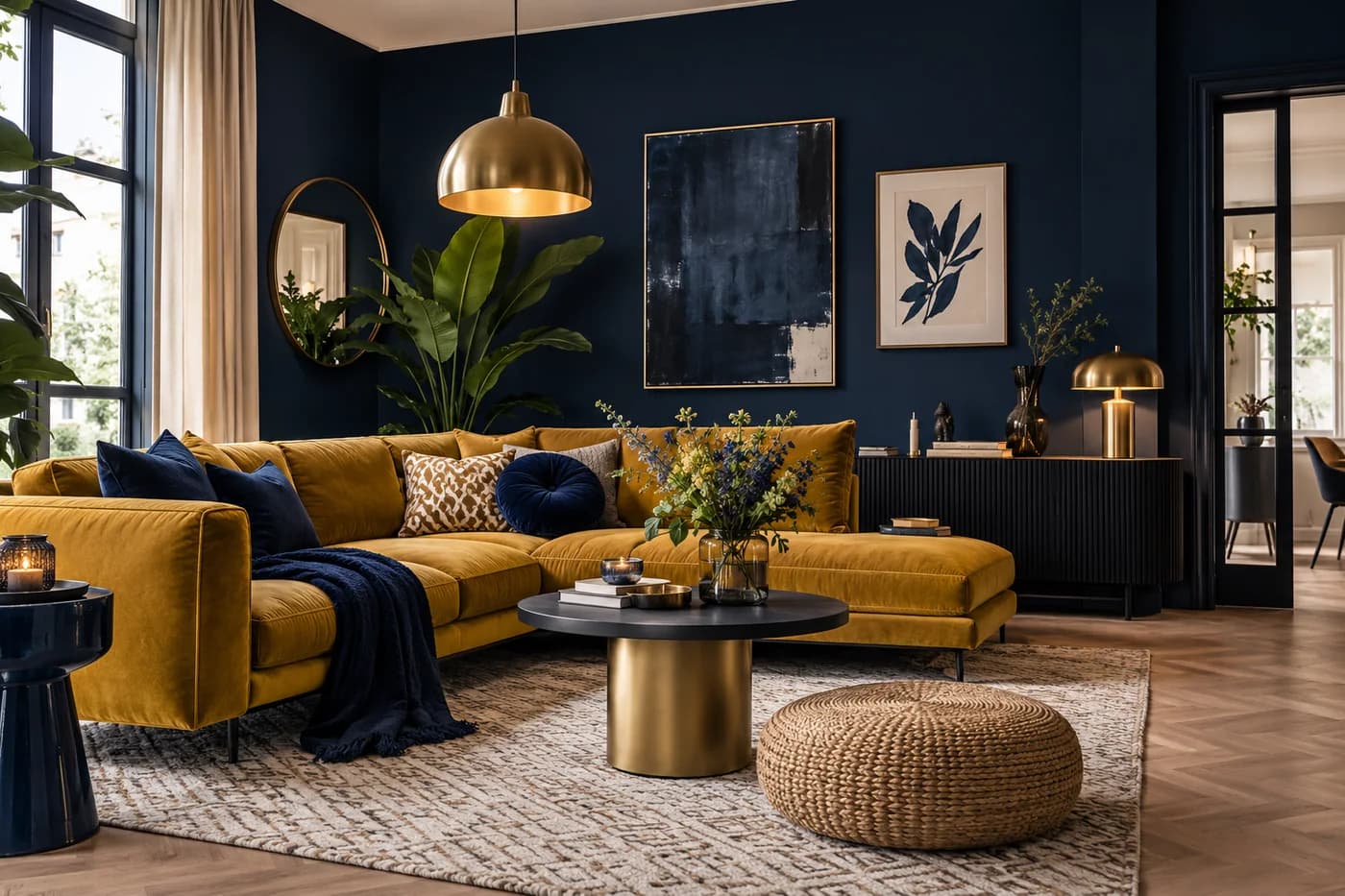 Woonkamer met donkerblauwe muur, okergele hoekbank, ronde zwarte salontafel met messing voet en visgraatvloer