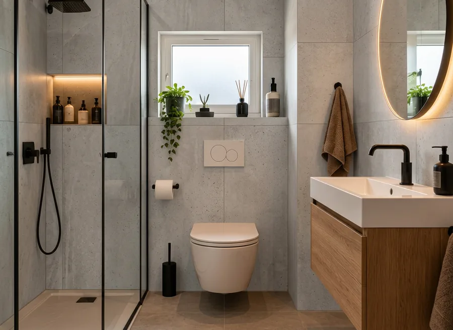 Kleine badkamer met betonlook op de wand