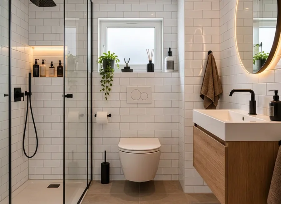Kleine badkamer met wit glans op de wand
