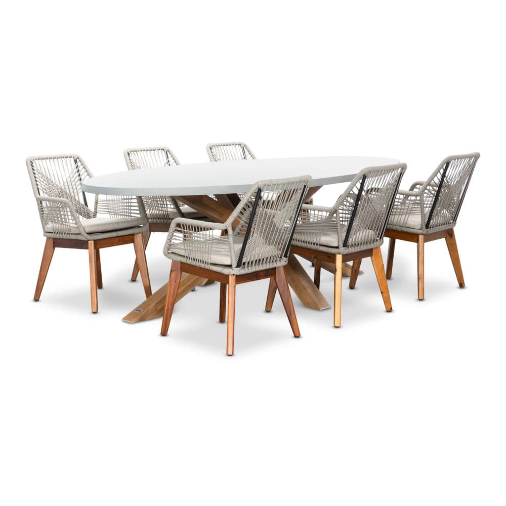 Livorno/Seville hout zand dining tuinset | 6 personen | betonlook + touw | 240cm ovaal